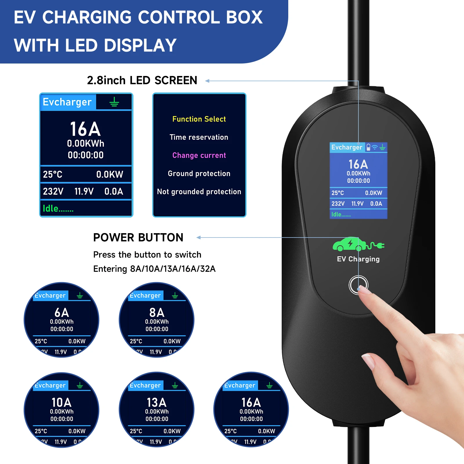 AFEEV 3.6KW Type1 SAE J1772 Portable EV Charger 16A Type2 Electric Car Charger GB/T EVSE Fast Charging Cable WiFi APP Control