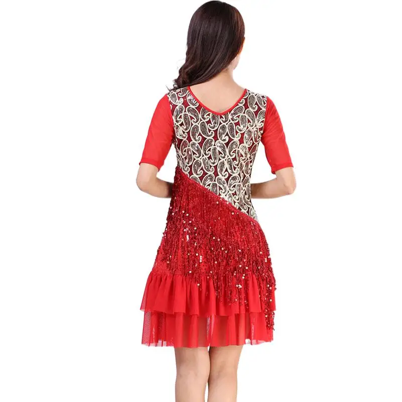 Women Round Neck Sequin Tassel Fringe Flapper Dress Salsa Latin Dancing Wear Roaring 1920s Ballroom Rave Party Cocktail Costume