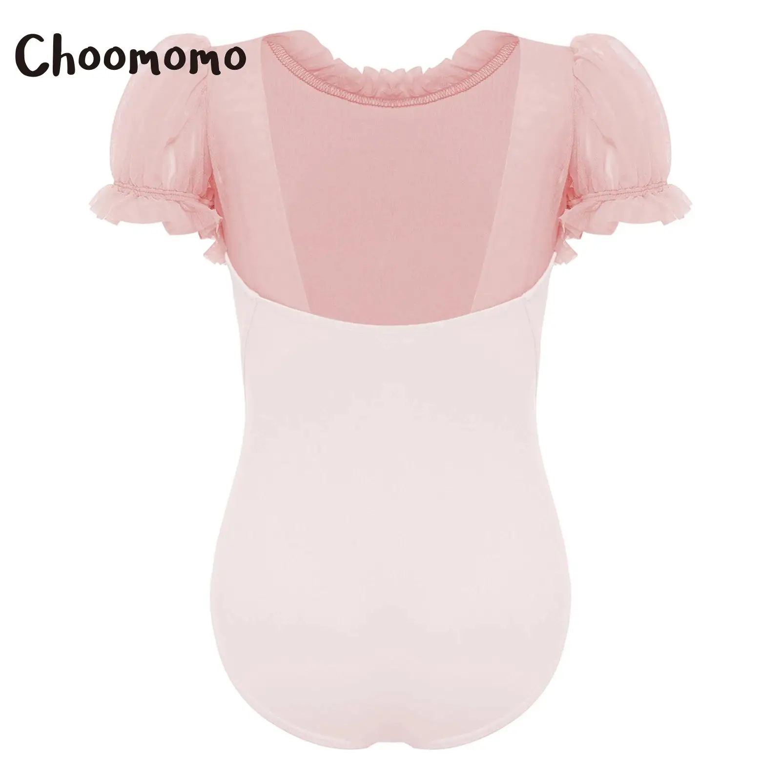 여아 발레 레오타드 짧은 퍼프 소매 컷아웃 백 루체 시어 메쉬 발레리나 댄스 바디수트 체조 운동 트레이닝복