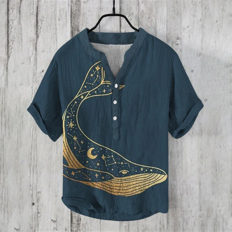 Zomer Heren Shirt Mode Man Kunst Illustratie Print Kleine V-Hals Henley Shirt Mans Shirt Artistieke Casual Korte Mouwen