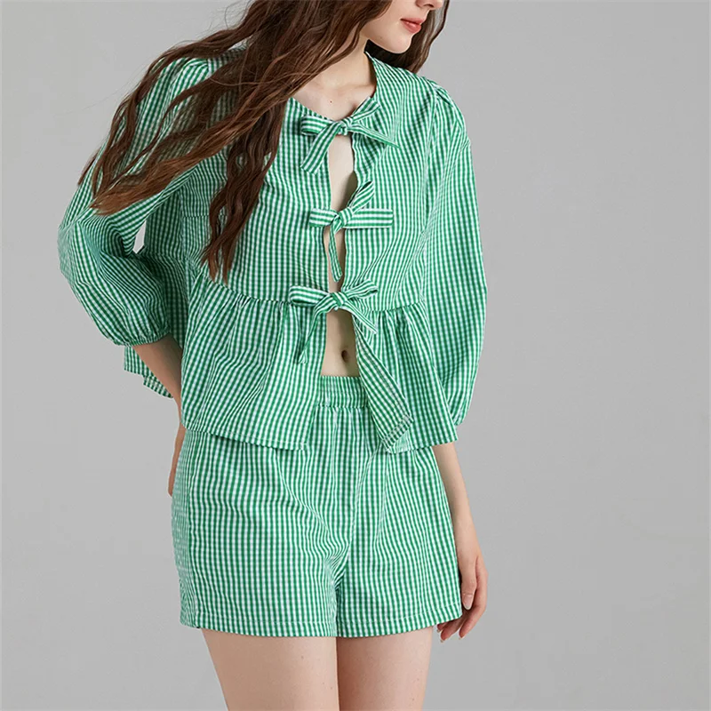 Elegant Plaid Print Short Pant Suit Y2k Women Lace-Up Bow Puff Sleeve Ruffles Top 2 Pieces Sets Female Casual Vacation Outfits