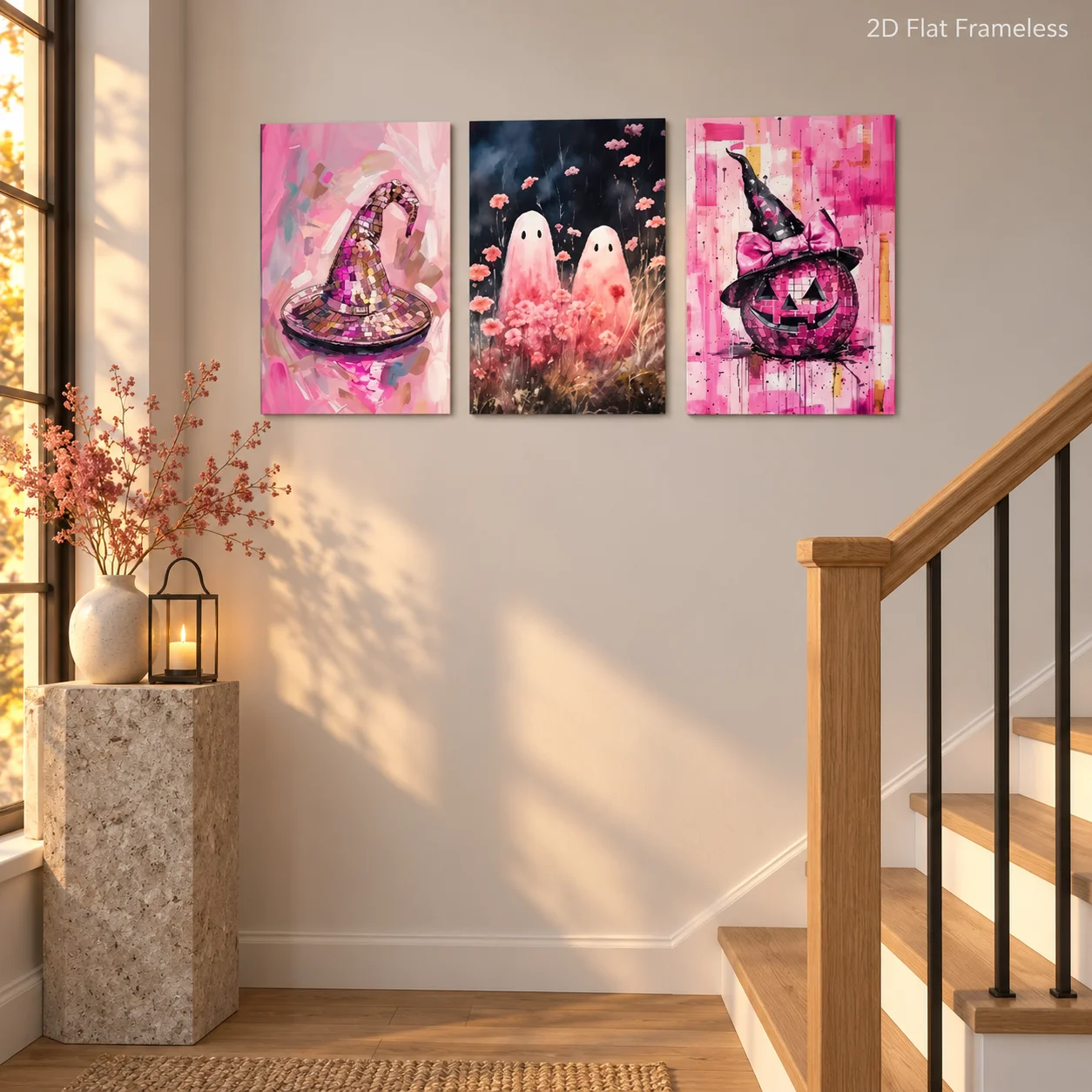 3 pieces of canvas posters including witch hats, several ghosts, and a pumpkin lantern, perfect as holiday gifts or wall decorat