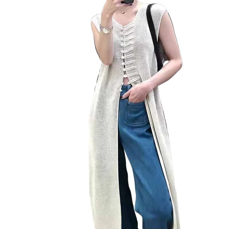 New Chinese Retro Vest Skirt Split Buckle Openwork Knitted Sleeveless Dress 2025 Summer Women's Long Skirt