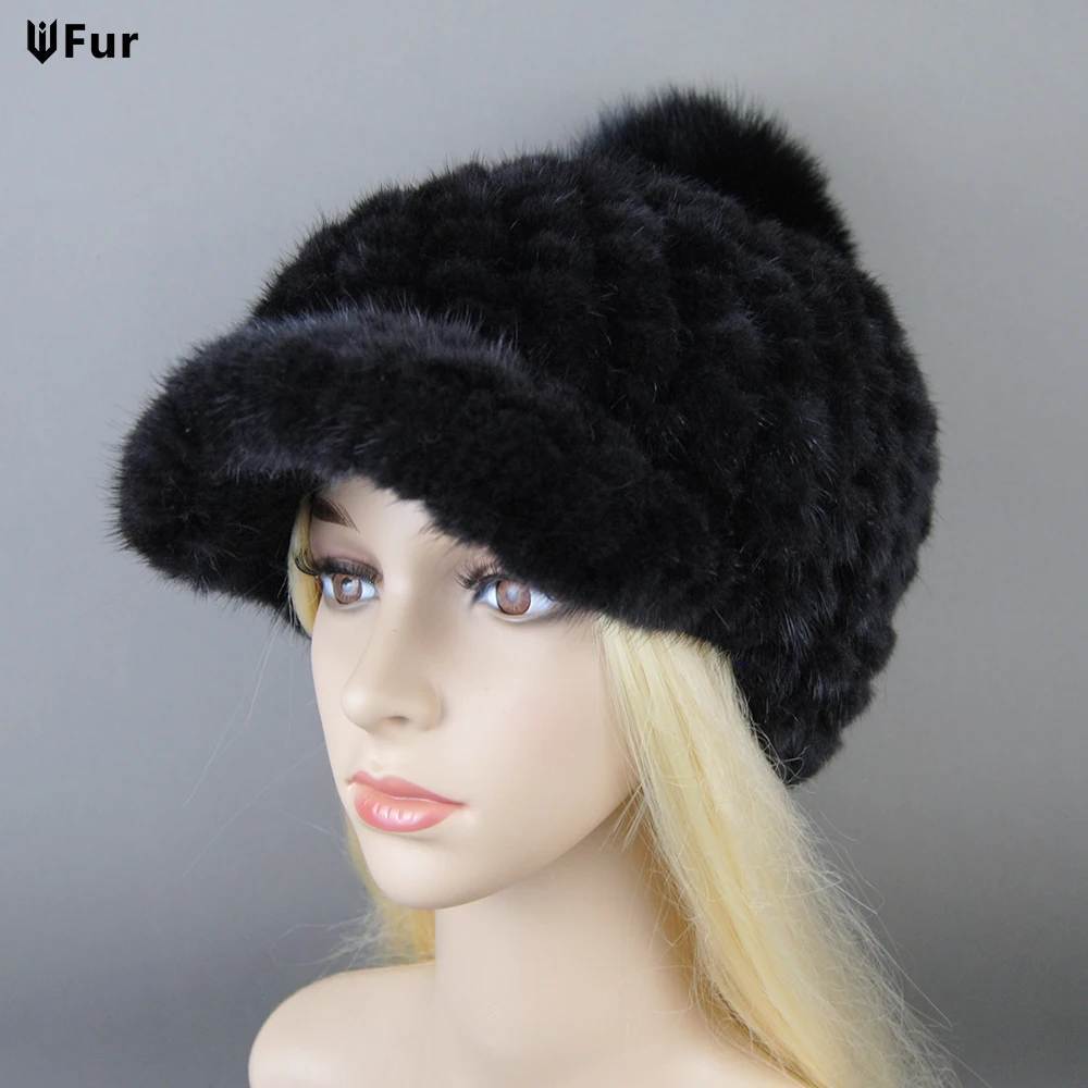 

New Women Fashion 100% Genuine Mink Fur Hats Russia Lady Winter Hand Knitted Real Mink Fur Hat Natural Warm Mink Fur Visors Cap