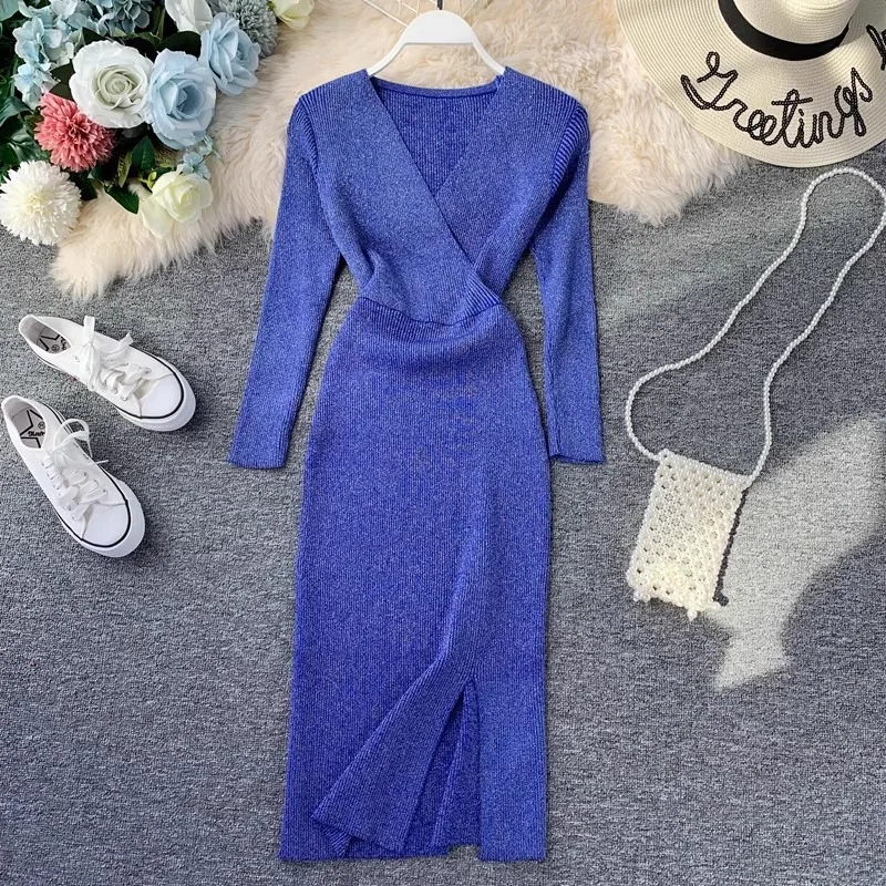 YuooMuoo 2024 Autumn Winter Women Knitted Dress Luxury V-neck Slim Waist Shining Bodycon Dress Office Lady Sweater Vestidos