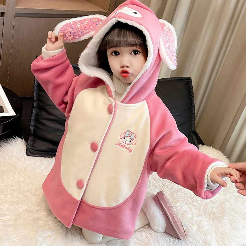 

Sanrio Melody Girls Outerwear Cartoon Anime Figuret 23 Kuromi Plus Velvet Thickened Jacket Children Cothes Christmas Gift Kawaii