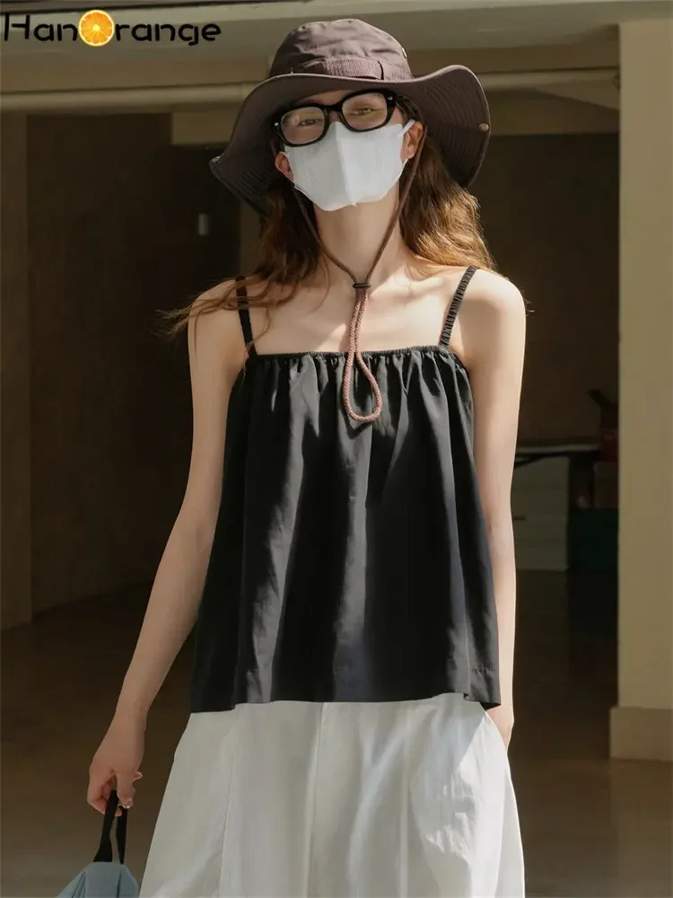 

HanOrange 2024 Summer Cool Linen Strap Elastic Slash Neck Camis Women Casual Sleeveless Top Black/Off White/Mung Bean Gray