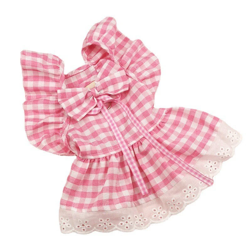 New Lovely Flying Shoulder Sleeve Plaid Skirt Summer Dog Sweet Clothes With Lace Fashionable Pet Supplies Comfortable Puppy Vest