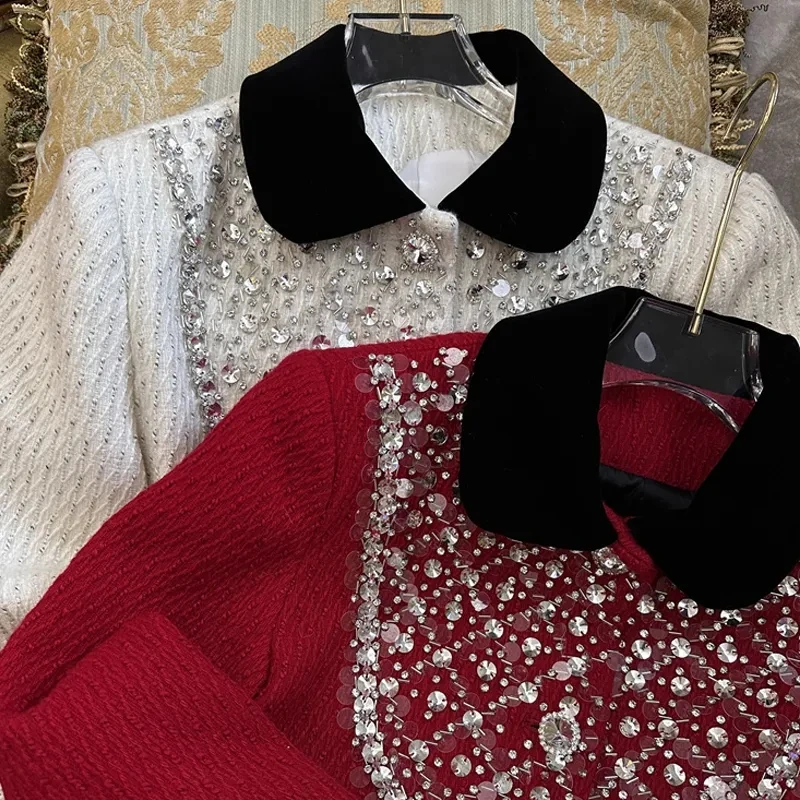 Giacca di Tweed con decorazione di strass primaverili per le donne cappotto di paillettes femminile elegante squisito autunno Trendy capispalla per