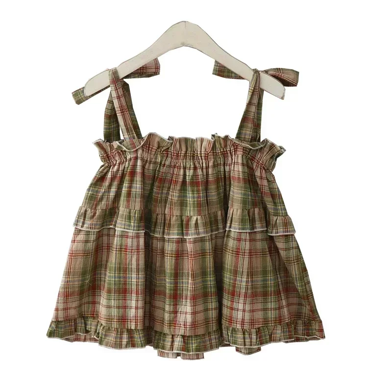 

Green Plaid Camisoles Women Vintage Ruffles Cute Girlish Cropped Top Holiday Cool Streetwear College Stylish Princess Sleeveless