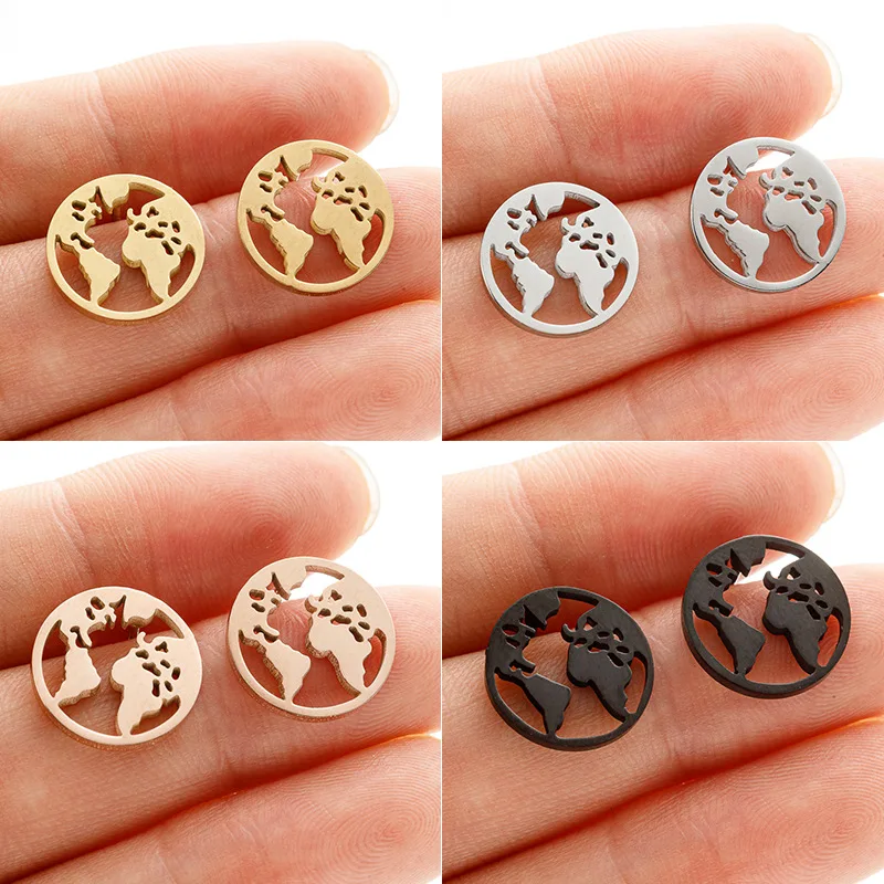 European and American new stainless steel geometric round simple stud earrings ins personality map earrings Yiwu foreign trade a