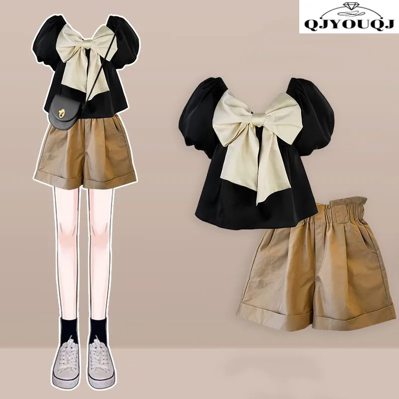 

French style new women's suit 2025 summer new fashion design bow top+casual shorts two-piece set trendy