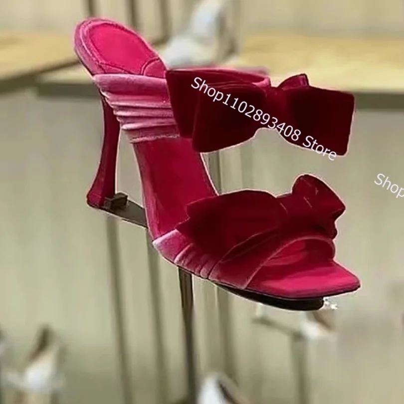 

Flock Bow Knot Slippers Peep Toe Shallow Solid Thin High Heels Summer Women Shoes Elegant Concise Dress Shoes Zapatillas Mujer