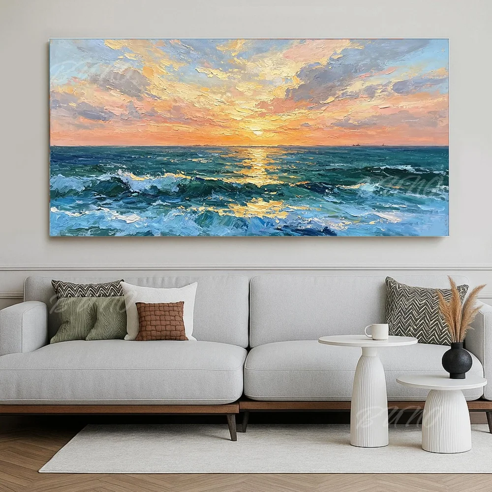 100% Hand Painted Original Abstract Oil Painting Impasto Textured Sunset Seascape Wall Art For Home Living Room Bedroom Decor