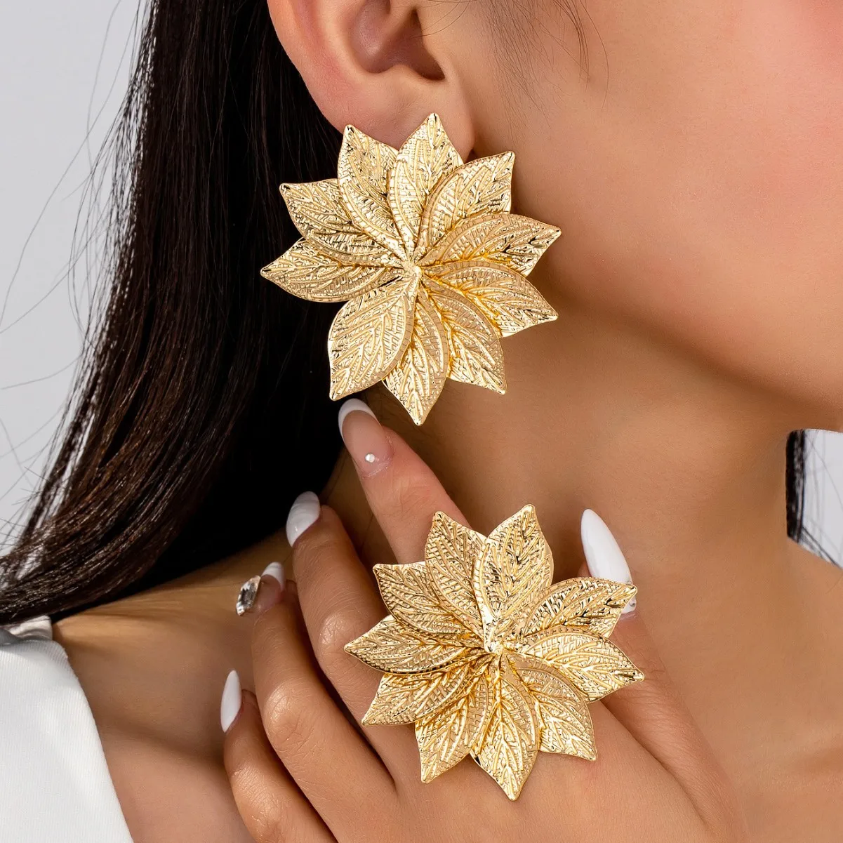 1 set of niche design leaf flower shape stud earrings ring set women's fashion accessories