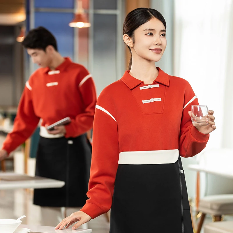 

Chinese-style restaurant and hot pot waiter work uniform, long-sleeved red collared sweatshirt for milk tea shops and restaurant