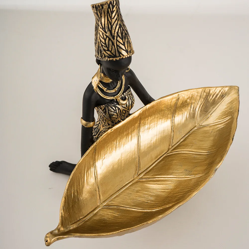 

African Girl Holding a Plate Sculpture, Home and Office Decorative Storage Ornament, Vintage Collectible Craft Desk Decor