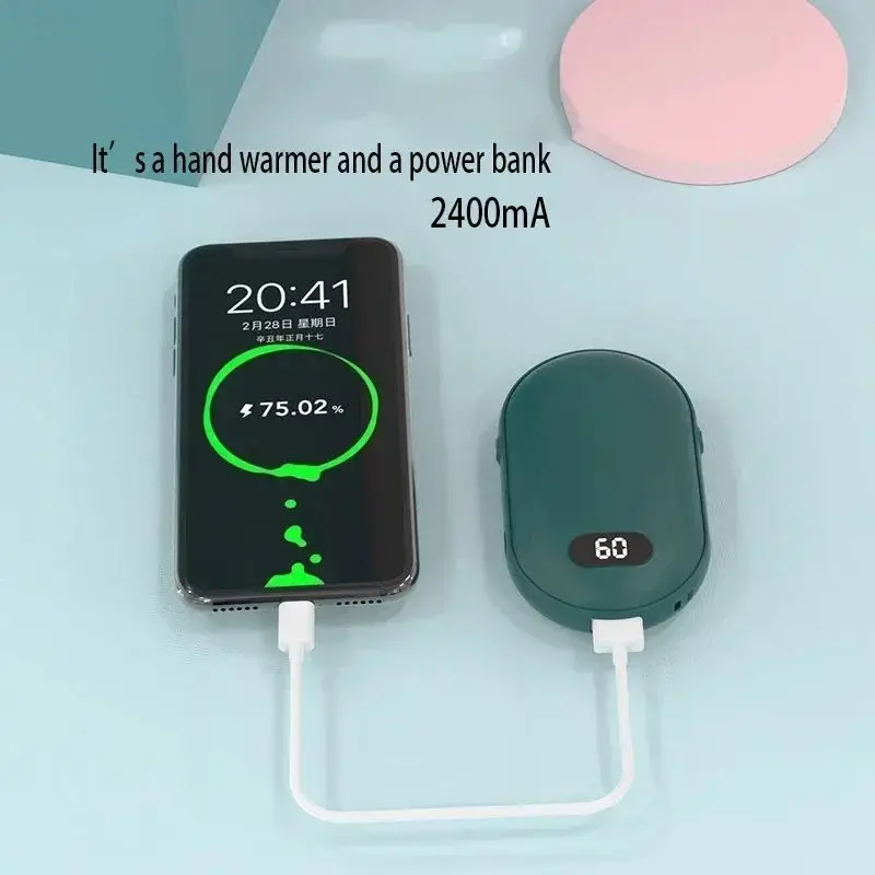 Hand Warmer USB Mobile Power Bank Electric Hand Heater Warmer Mini Multi-Function Pocket Warmer Digital Display 2400mAh Battery