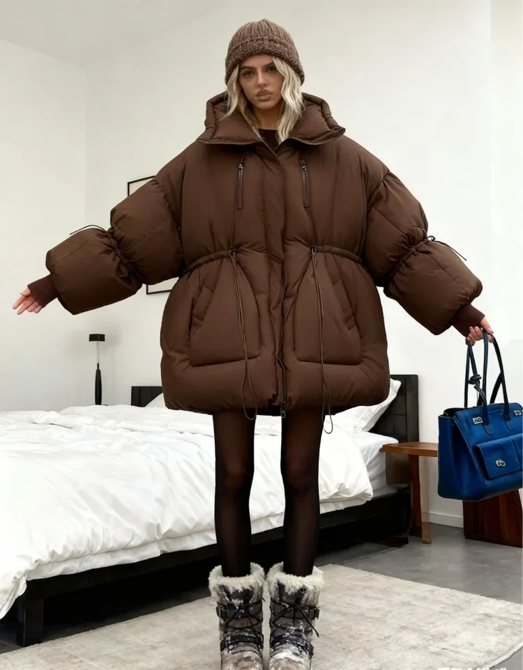 Fashion Solid Hooded Thick Cotton Women's Jacket Oversize Loose Long Sleeved Zipper Tied Jacket Casual 2026 Winter Snow Wear 6