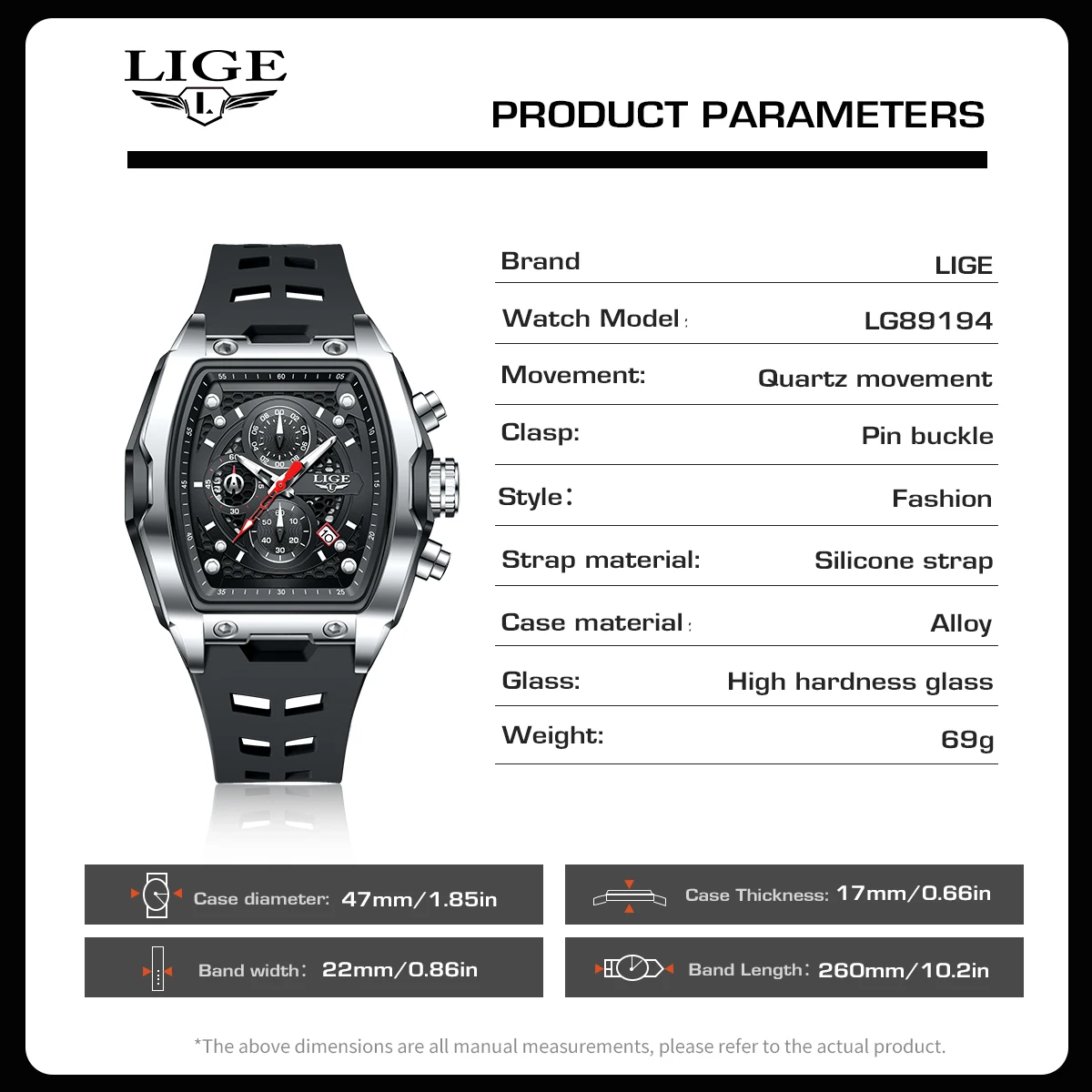 LIGE Outdoor Fashion Quartz Man Watch Square Silicone Strap Waterproof Casual Sports Hollow Luxury Luminous Watches for Men Gift