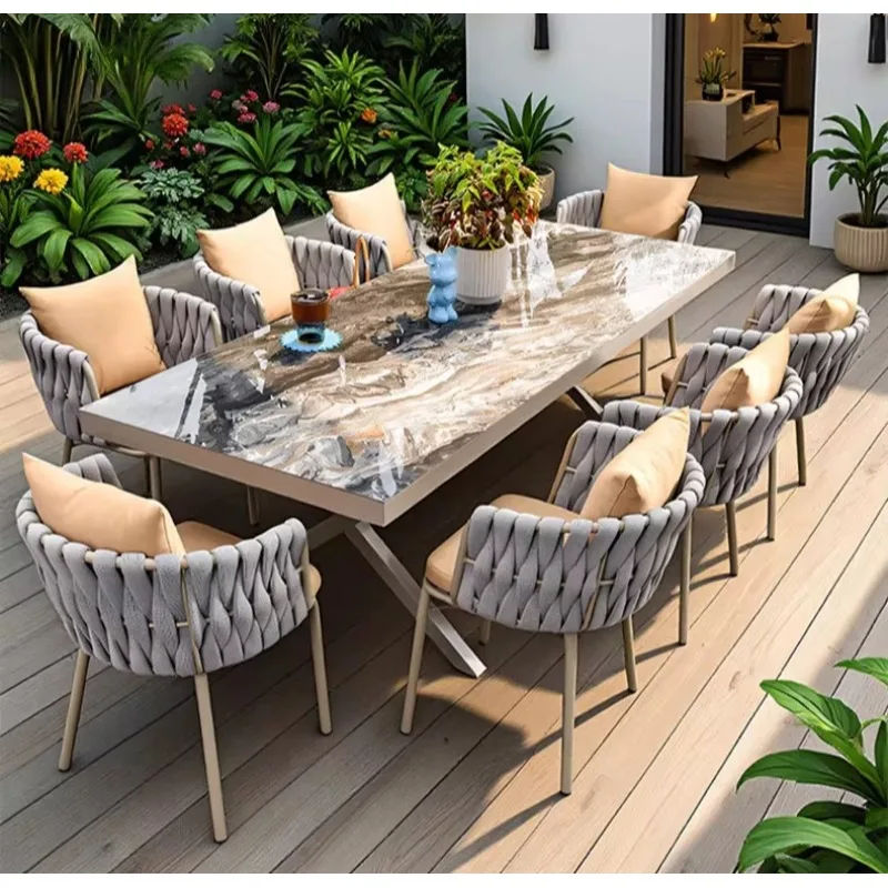Nordic outdoor tables and chairs courtyard garden outdoor terrace leisure furniture woven rattan aluminum alloy rock slab table