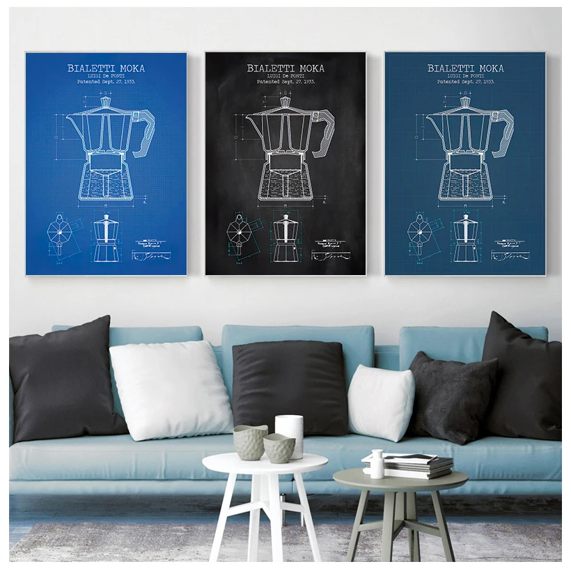 Pósteres e impresiones de patente de cafetera, cartel de Bialetti Moka, imagen artística de plan de café, pintura en lienzo, decoración artística de pared de cocina