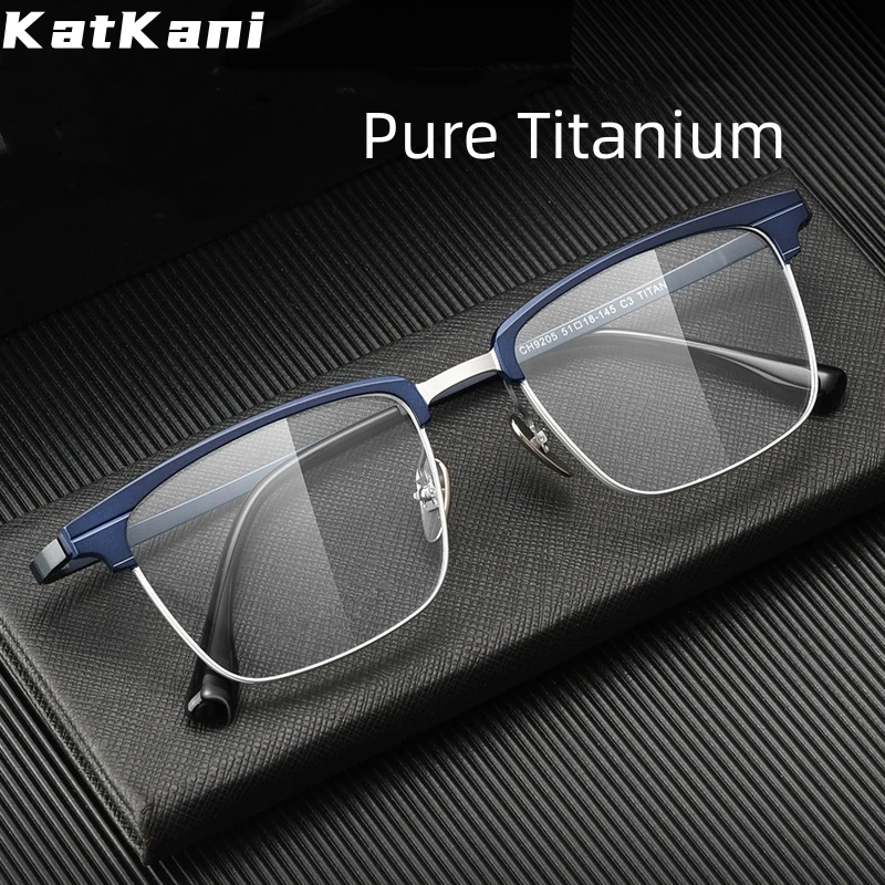 KatKani Ultra Light Business High-End Fashion Retro Eyewear Square Pure Titanium Optical Prescription Eyeglasses Frame Men 9205