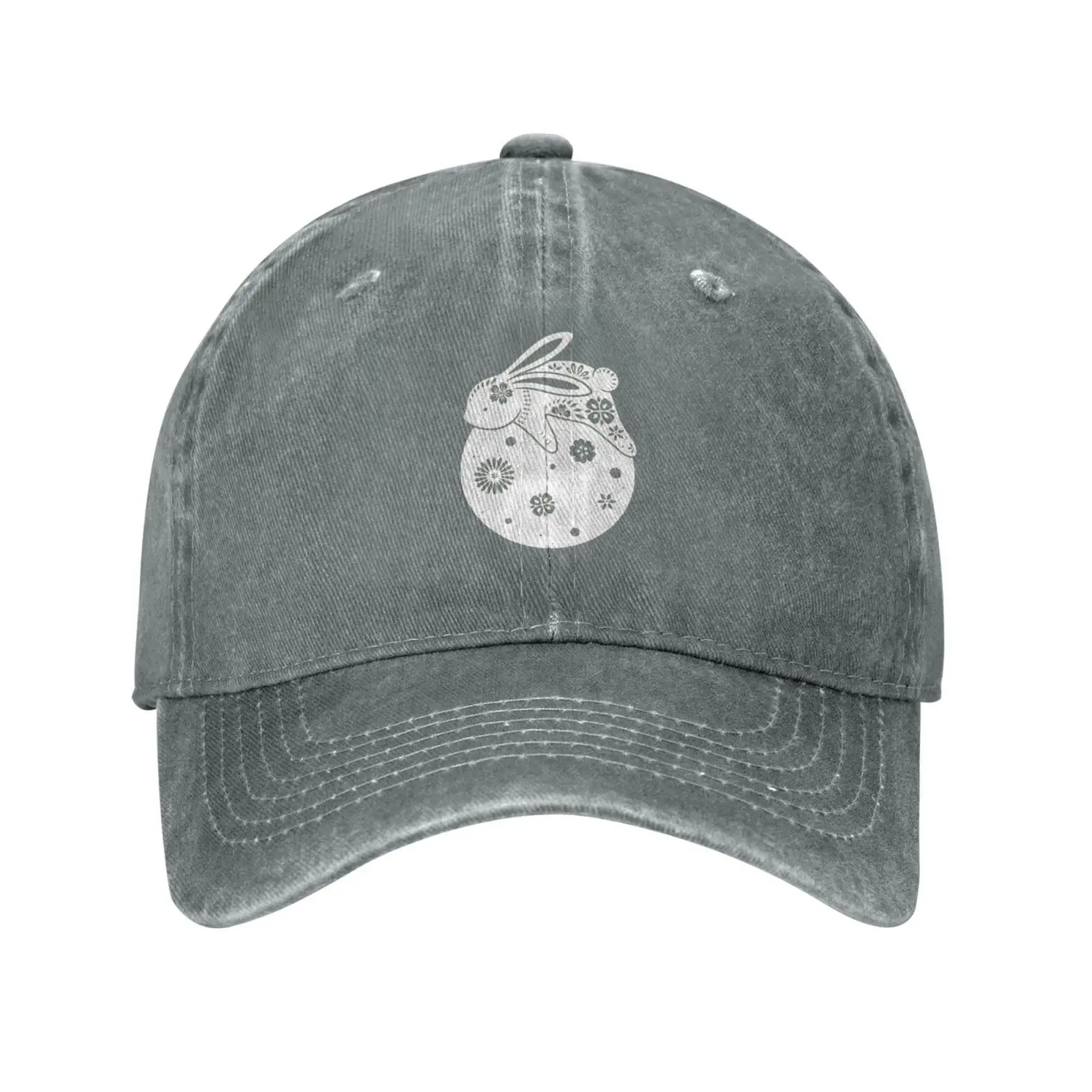 

Cute Rabbit Bunny Moon Gray Vintage Distressed Adjustable Washed Denim Cotton Low Profile Dad Trucker Hat For Unisex Headwear