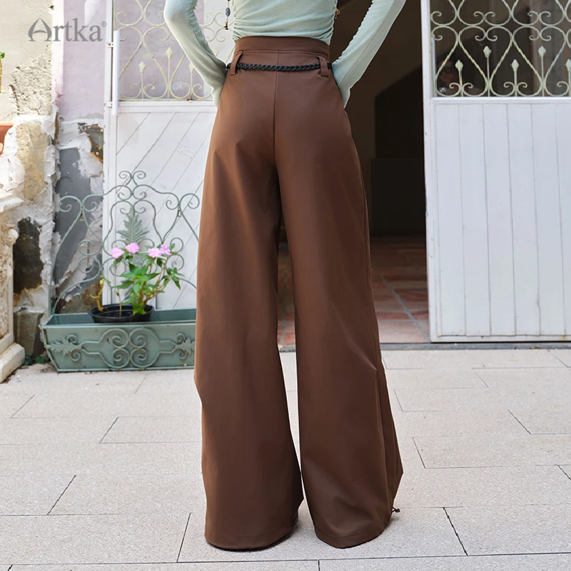 ARTKA 2025 Autumn New Women Pants Fashion Casual High Waist Drapping Straight Trousers Loose Wide Leg Pants With Belt KA52050Q