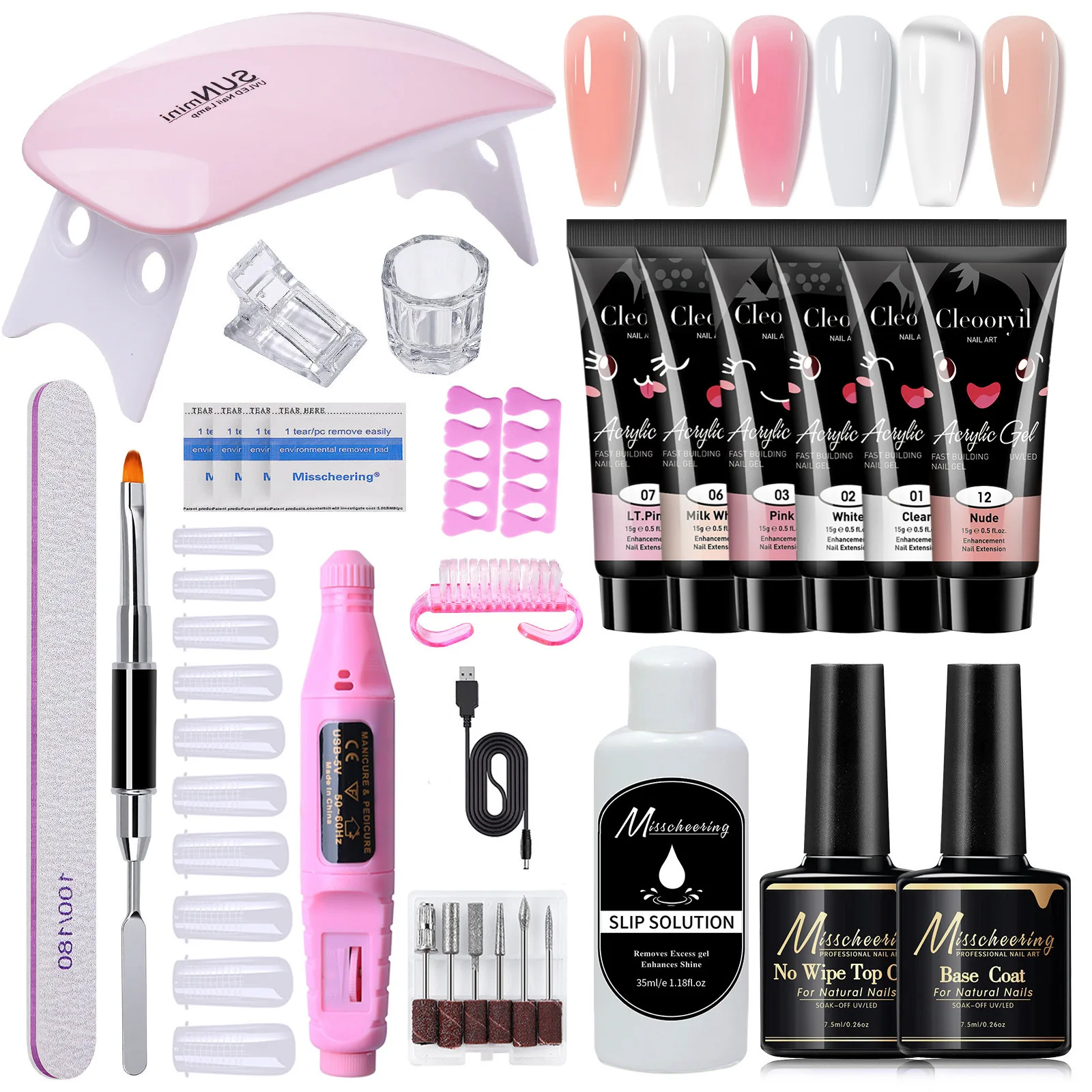 Crystal Nail Extension Gel Set 15ml 19-Piece Kit with Forms Brushes - Gel Nail Set for Salon DIY Nail Art Manicure Tools