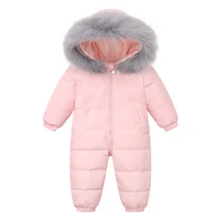 Winter Baby Boy Down Jumpsuit Real Raccoon Fur Hooded Toddler Boy Winter Romper Baby Girl Snowsuit Infant Boys Overalls Outfit