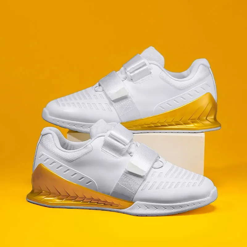 2026 White Golden Color Athletic Weightlifting Shoes Men Women Hook Loop Stretch Hard Pull Deep Squat Shoes Pro Deadlift Shoes
