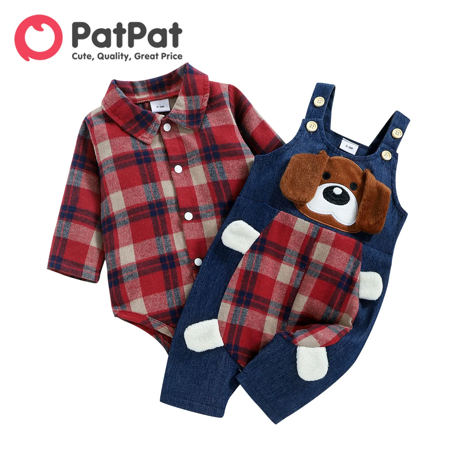 PatPat Christmas 2pcs Baby Red Plaid Long-sleeve Shirt Romper and 100% Cotton Denim Overalls Set