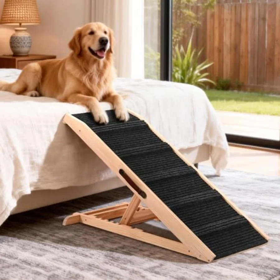 

43 Long Dog Ramp with Landing Platform for Bed Couch Car - 6 Level Adjustable Height 10.8 to 23.6 Foldable Wooden Pet Ramp with