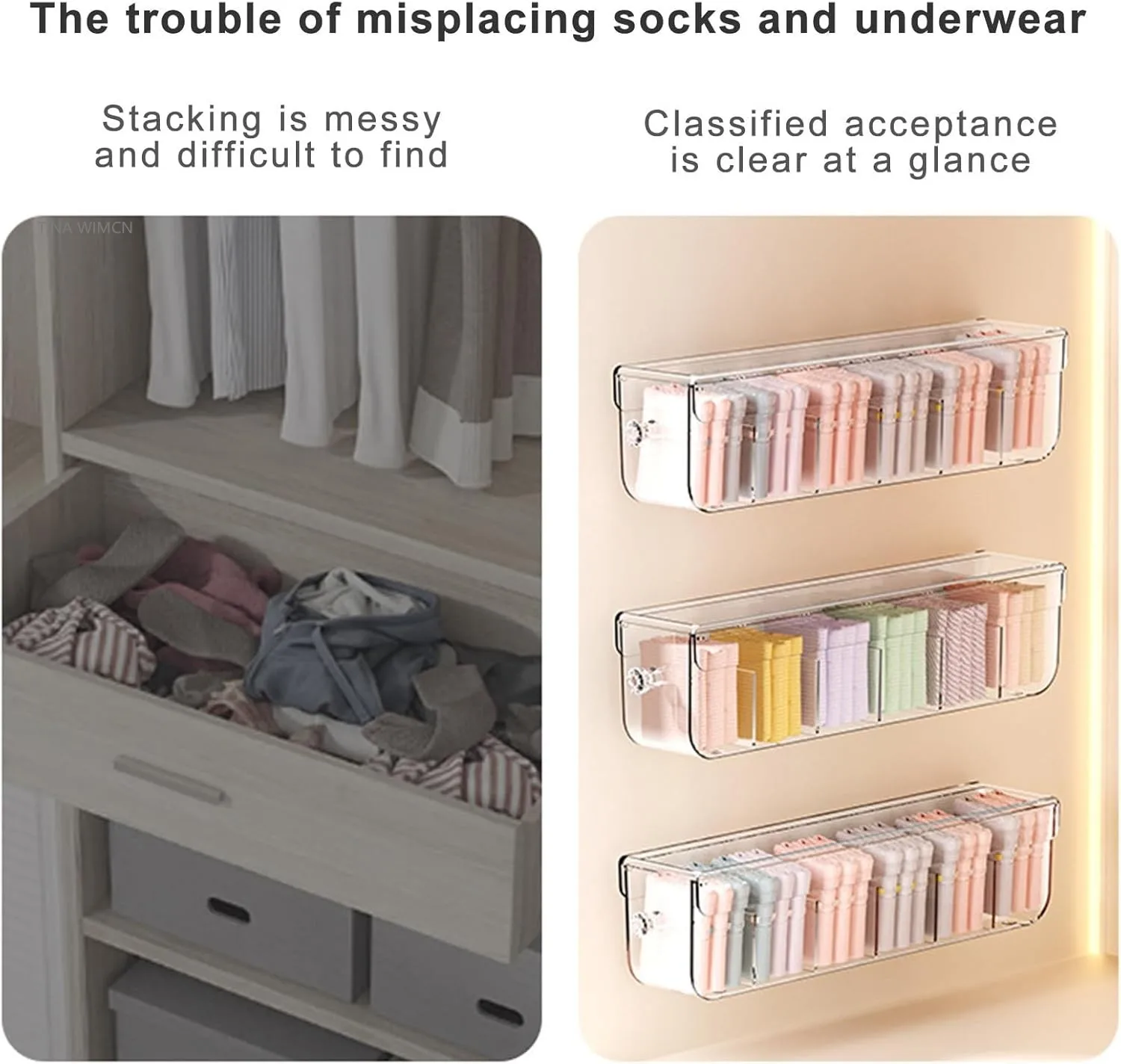 Drawer Organizer for Clothing, Hanging Panty Drawer Organizer for Underwear Socks, Transparent Wall-Hanging Punch-Free Socks Box