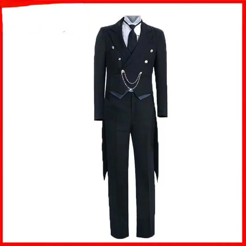 أزياء أنيمي بلاك بتلر تأثيري ، Kuroshitsuji ، سيباستيان مايكل ، بدلة سهرة سوداء ، شعر مستعار للهالوين ، زي موحد للرجال