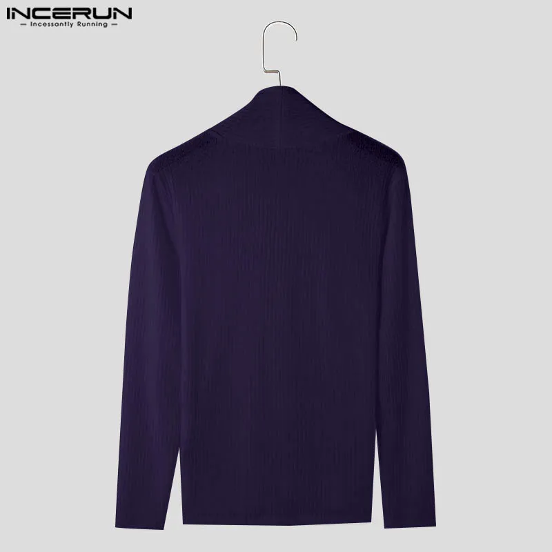 INCERUN Men T Shirt Solid Color Turtleneck Long Sleeve Knitted Casual Men Clothing Streetwear 2024 Fitness Fashion Male Tee Tops