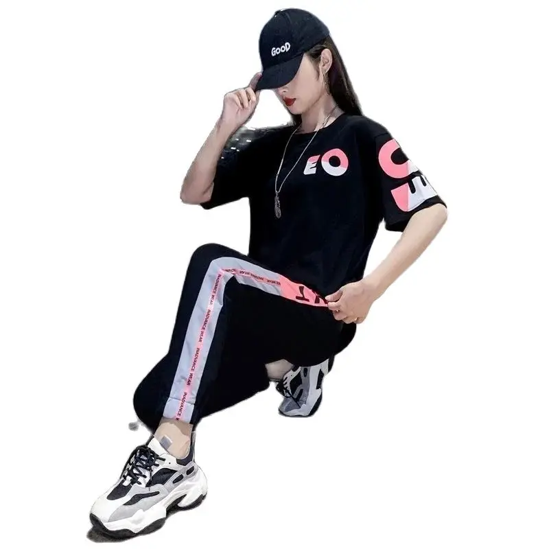 

Set Women 2 Pieces 2022 New Sportswear Summer Fashion Korean Loose Casual Student Letter Printing Short Sleeve Sport Tracksuits