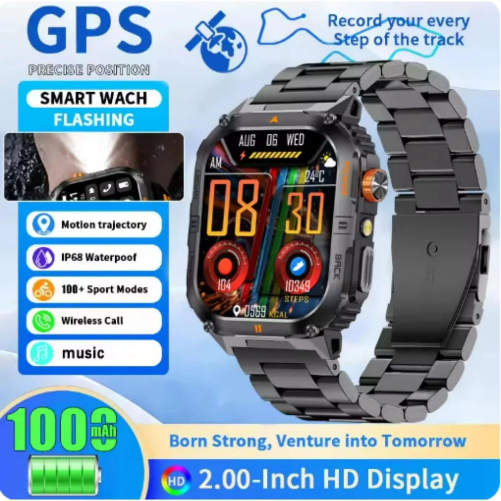 

New 2026military outdoor smartwatch for men, LED flashlight, IP68 waterproof, GPS sports, 2.01-inch Bluetooth call smartwatc