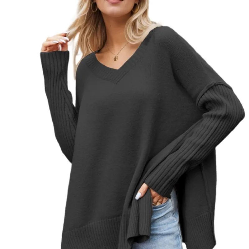 

Autumn-Winter 2025 New Women's Sweater: Solid Color V-Neck Oversized Fashionable Knitwear Sexy Crewneck Sweater