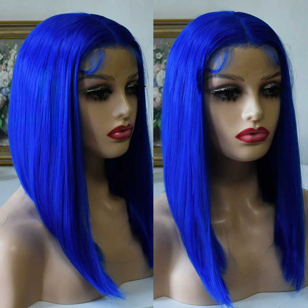 ブルーウィッグ レースフロントウィッグ 13x4 ショートレースフロントウィッグ ブルーボブウィッグ 生え際ナチュラル ベビーヘア付き 合成ウィッグ