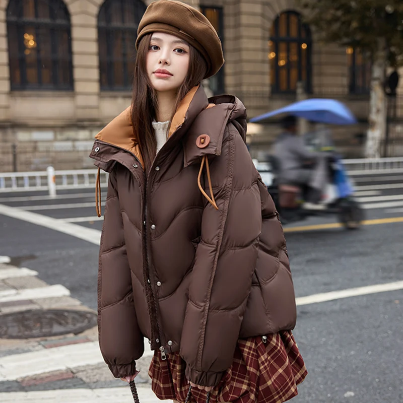 

Women's New Pure Color Puff Short Hooded Loose Bread Style Thickened Warm Cotton Jacket Outerwear Long Sleeve Winter Coat