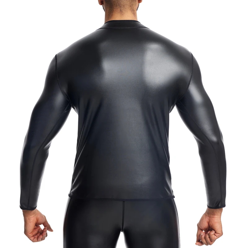 Men Long Sleeve Leather Shirt Tops Slim Underwear Body Shapers Waist Trainer Corsets Tummy Shapewear Leather Shirts Stand Collar