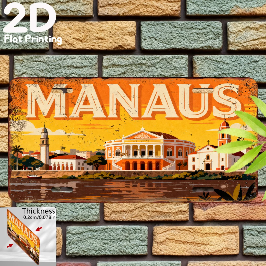 Placa de Metal Vintage Durável com Paisagem Urbana do Teatro da Amazônia em Manaus, Brasil - Decoração de Parede para Casa, Escritório, Bar e Man Cave