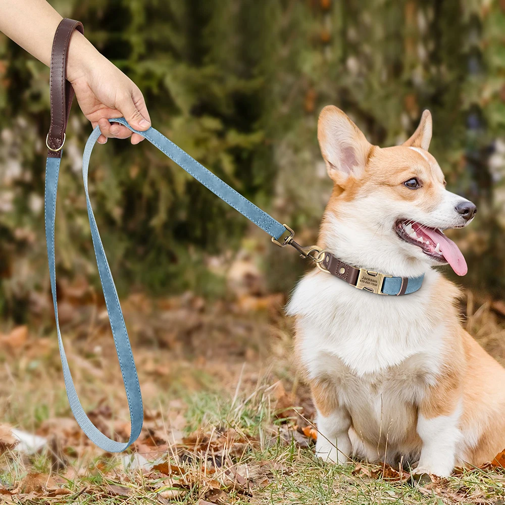 Personalisiertes Hundehalsband mit Leine aus PU-Leder, inklusive Laufleine, kostenlose individuelle Haustier-ID-Halskette für kleine und große Hunde, Mops – Detail 21