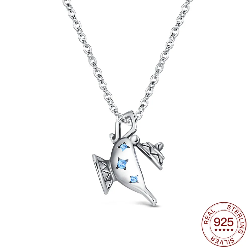 925 Sterling Silver Aladdin Magic Lamp Necklace 45cm Fairytale Pendant Necklace Anniversaries Jewelry Gifts For Women