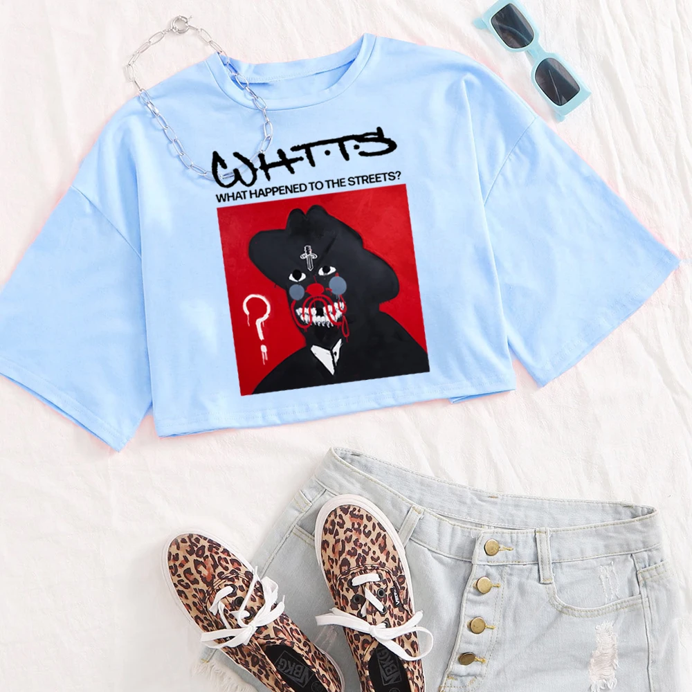 21 وحشية ما حدث إلى الشوارع قميص المرأة س الرقبة قصيرة الأكمام المحاصيل قمم تي شيرت