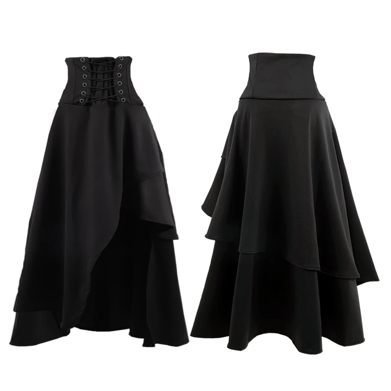 กระโปรงวินเทจสไตล์สตีมพังค์สำหรับผู้หญิงกระโปรงยุคกลางลูกไม้ชุดกระโปรงกระโปรงอสมมาตรนางฟ้าวิคตอเรียสีดำ