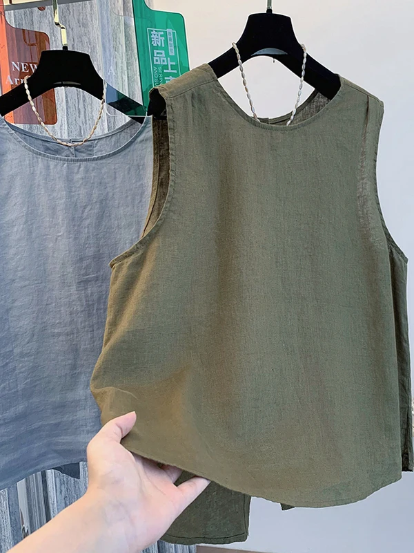 레트로 린넨 베스트 여성용 여름 고급스러운 루즈 캐주얼 슬릿 라운드 넥 탑 출퇴근용 여성스러운