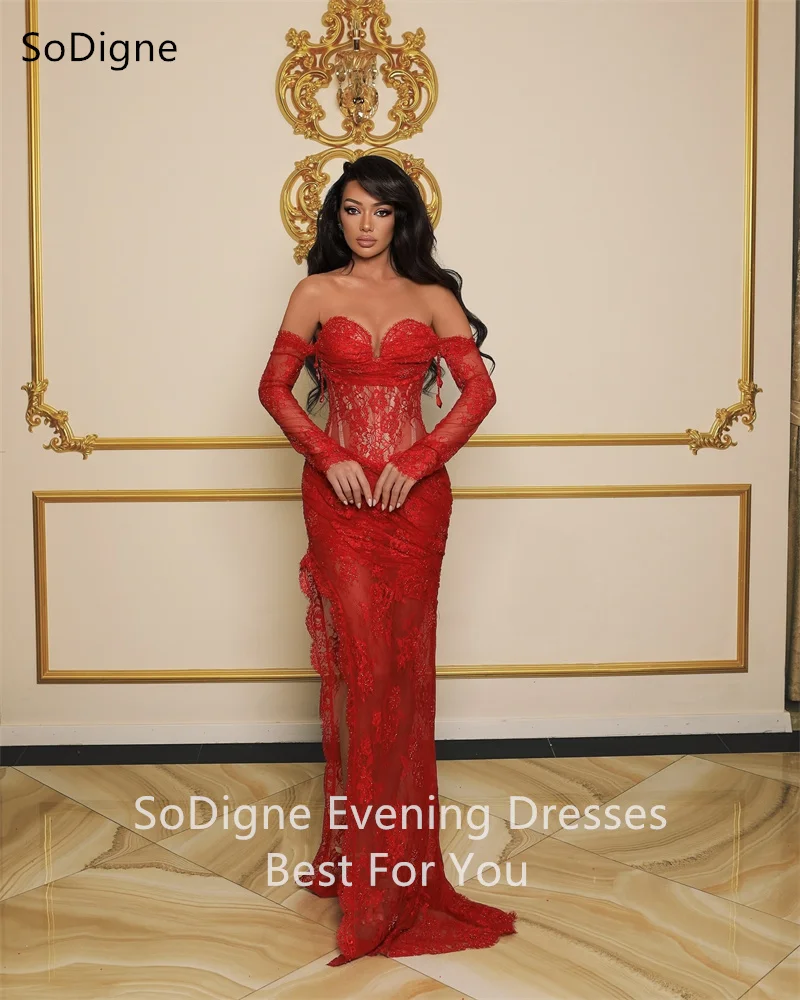 SoDigne Elegant Red Mermaid Evening Gowns Handmade Lace Sweet Heart Long Sleeves Prom Dresses Side Slit Party Dress Customized